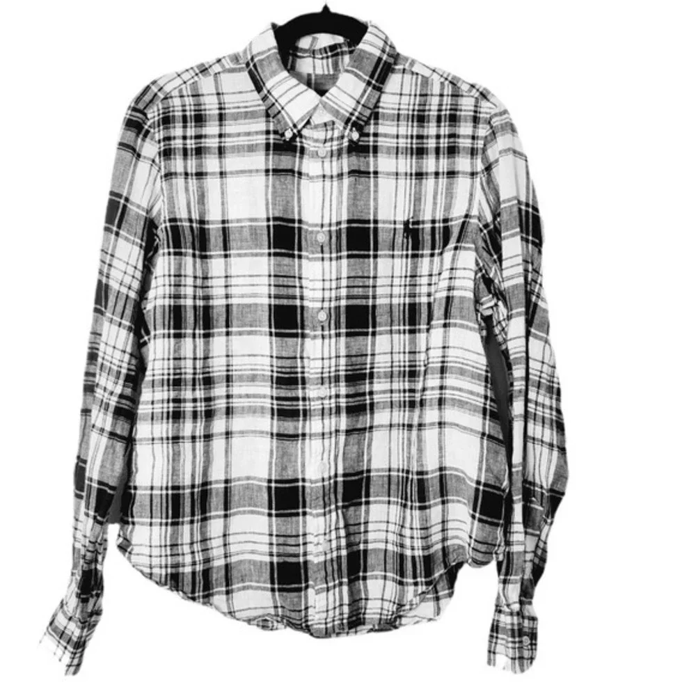 Ralph Lauren Black White Plaid Slub Linen Shirt Button Down Long Sleeve Youth Lg